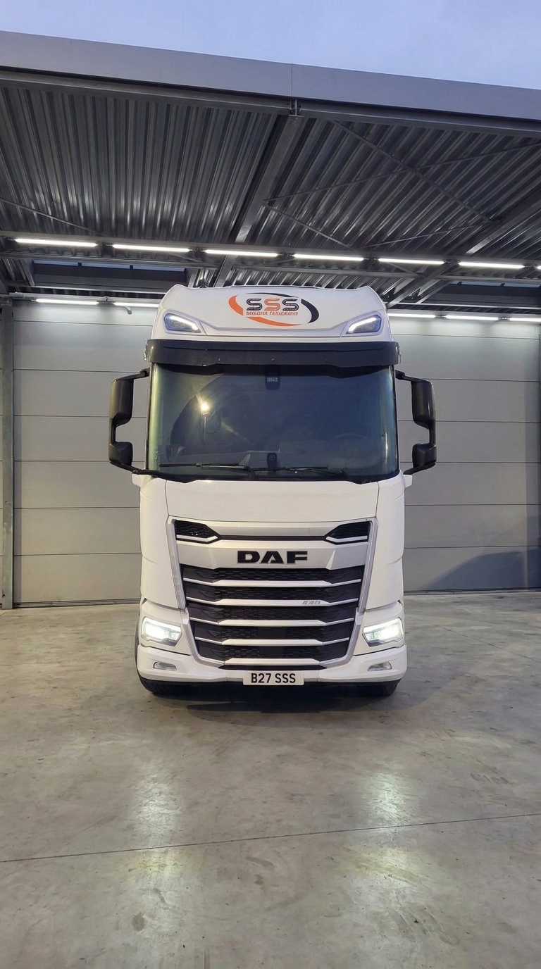 SSS Trading Transport white DAF 530 truck, registration B27 SSS, in depot